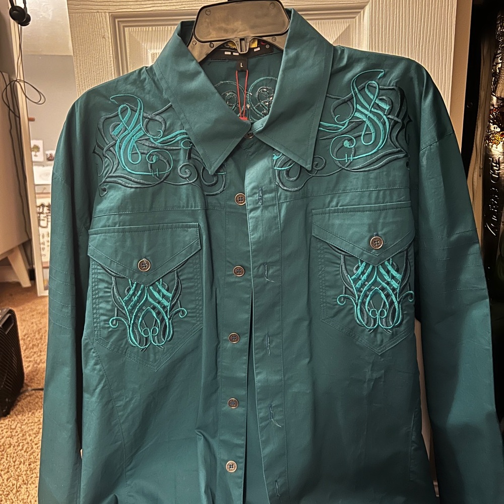 Men's Teal Embroidered Button-Up Shirt
